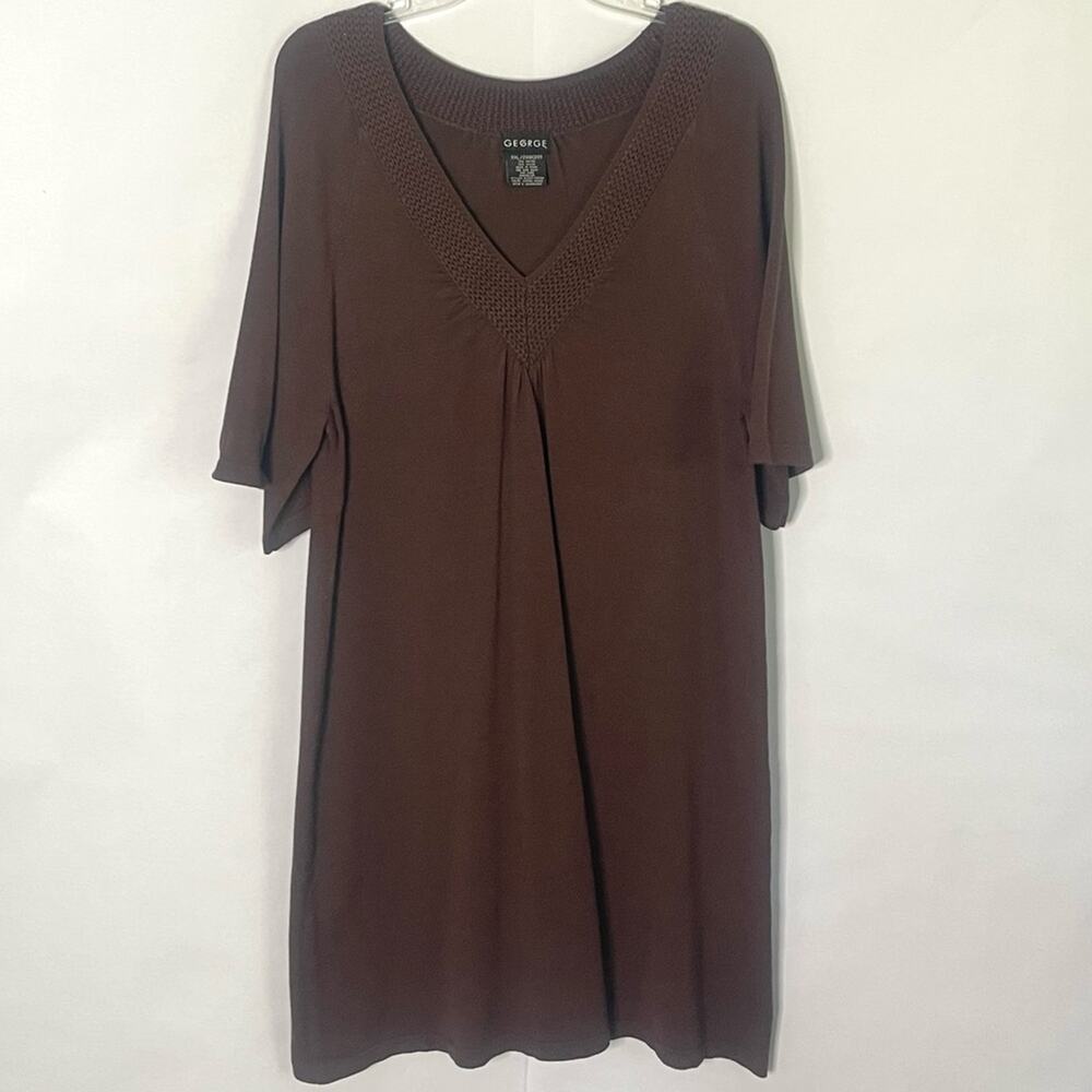 Midi sweater dress short sleeve women’s Size 2XL vneck crochet neckline brown